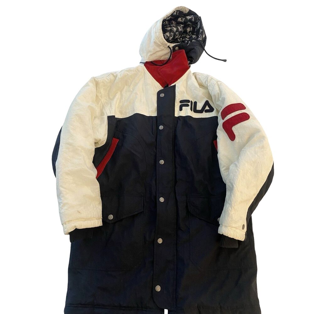 Vintage 90s FILA Colorblock Jacket Mens L Heavy Winter Streetwear Hooded Coat